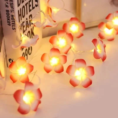 Image of Fantes Plumeria String Lights, Foam Artificial Flower Led Lights Battery Operated Fairy for Bedroom Home Wedding Hawaiian Luau Party Decor (Pink Yellow White, 9.8ft 20LED)