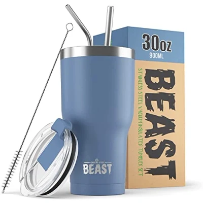 Image of Beast Tumbler 900 ml (30 oz), Blue Reusable Stainless Steel, Vacuum Insulated Cup with + 2 Straws &amp; Cleaning Brush Double Wall Travel Flask Perfect for Hot or Iced Coffee BPA Free