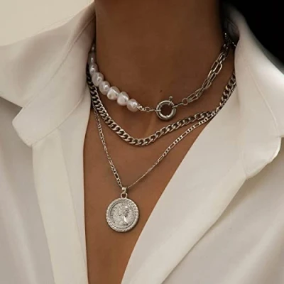 Image of Cubahop Layered Pearl Choker Necklaces Collar Beauty Pendant Necklace Chain Jewelry for Women and Girls (Silver)