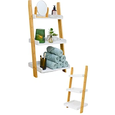 Image of DuneDesign Bamboo Ladder Shelf 45x90 White Wooden Shelving Unit Small Bookshelf Bathroom Storage