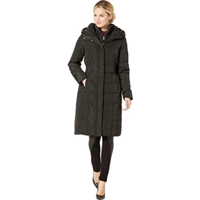 Image of Cole Haan Women&#039;s Long Quilted Puffer Coat Down Jacket Alternative Outerwear, Deep Black, S