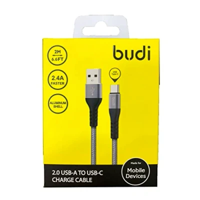 Image of Budi 2m Nylon Braided USB C Fast Charging Cable with Metal Case Grey