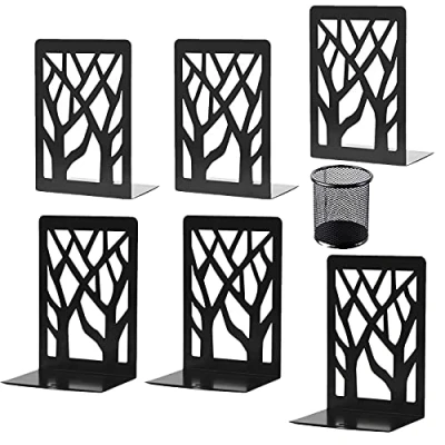 Image of Book Ends (Black 3 Pair), Bookends Heavy Duty, Aileese End Holder for Shelves, Metal Bookend School and Office, Decorative Tree Unique Design Stopper Gift, Binder Dividers