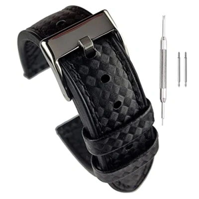 Image of Buckle &amp; Stitch Carbon Fibre Pattern Watch Strap Leather Silicone Hybrid Band 22mm Black (22mm, Black)