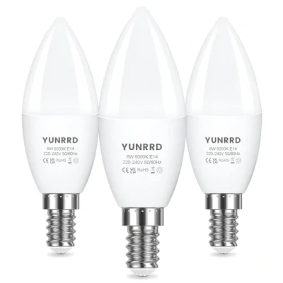 Image of YUNRRD E14 LED Light Bulb,Cool White 6000K,6W (60 Watts Equivalent) Candle Bulb,SES Small Edison Screw in Bulbs,550 Lumen,Energy Saving Bulbs,220 240V,Non Dimmable,3 Pack