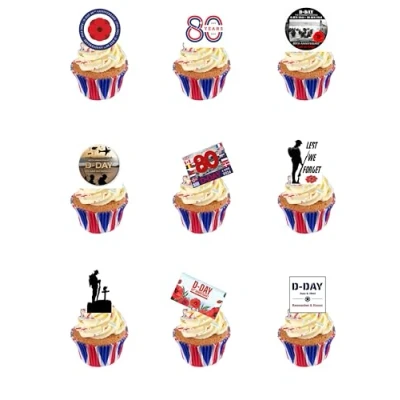 Image of 27 Stand Up D Day 80th Anniversary Remembrance Themed Edible Wafer Paper Cake Toppers Decorations