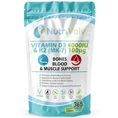Image of Vitamin D3 4000 iu &amp; K2 MK7 100μg 1 Year Supply 365 Easy Swallow Tablets A Day High Strength Vegetarian and Supplements D UK Made