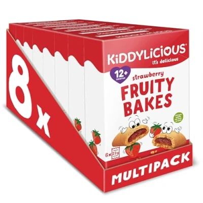 Image of Kiddylicious Strawberry Fruity Bakes Delicious Snacks for Kids with Real Fruit Centre Suitable 18+ Months 8 Packs of 6 (48 Total)
