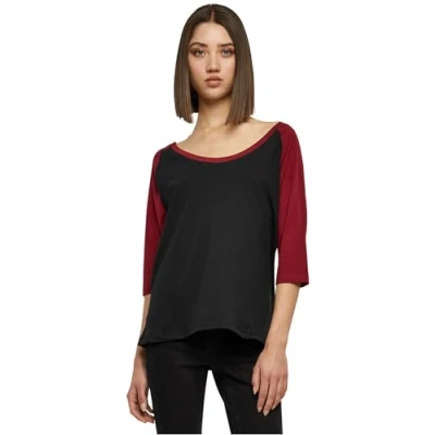 Image of Urban Classics Ladies 3/4 Contrast Raglan TEE Print Tshirt, Women&#039;s, Size: XS, Black/burgundy