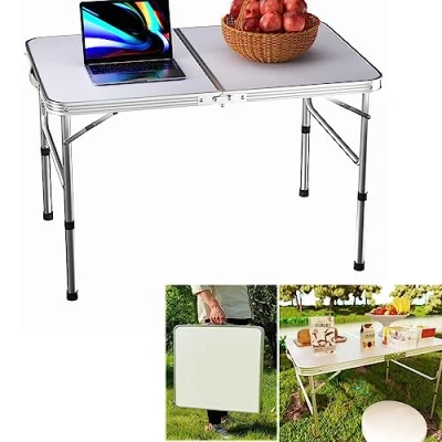 Image of Qimu 3ft Aluminium Folding Table Picnic Foldable Portable Camping Adjustable Height Compact Trestle with Carrying Handle for Party BBQ Indoor Outdoor Garden Cooking