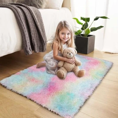 Image of Hafaa Rugs Living Room Bedroom Fluffy Shaggy Rainbow Area Non Slip Modern Super Soft Thick Pile Plush Carpet Shedding Easy To Clean Rug, 60cm x 110cm