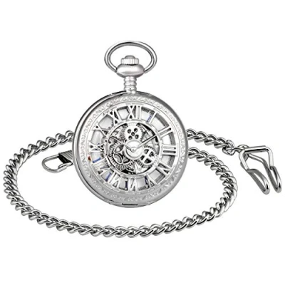 Image of MICGIGI Unisex Mechanical Hand Wind Pocket Watch Gear Skeleton Fob Watches with Chain