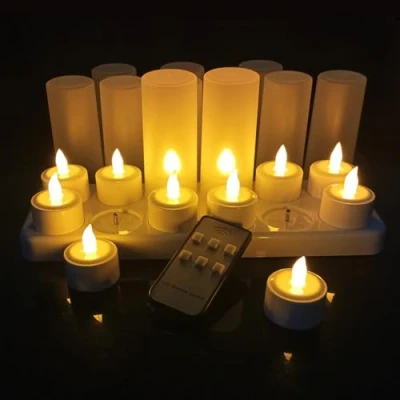 Image of QSPORTPEAK LED Remote Control Rechargeable Tea Lights,12pcs flameless Candles USB,Restaurant Candle Lights with Charging Station,Suit for Christmas,Party,Wedding, Birthday,Yellow