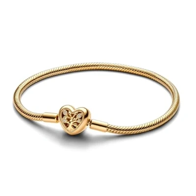 Image of Pandora Gold Family Tree Heart Clasp Snake Chain Bracelet 21cm