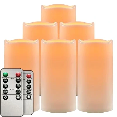 Image of salipt Battery Operated LED Candles, Flickering Flameless Fake Candles Outdoor Waterproof, Remote Control, 6 Pack 3 Inch Diameter White Candle Set, H 6&quot;