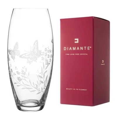 Image of DIAMANTE Butterfly Vase Etched Filigree Wild Flower Floral Pattern 30cm Clear