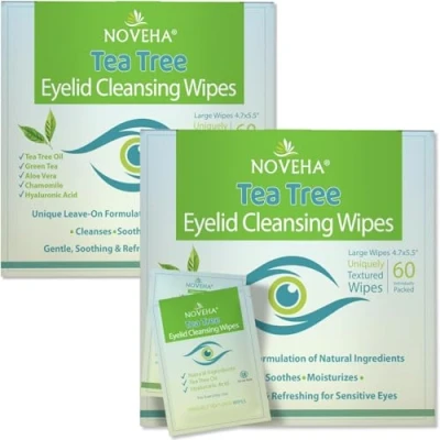 Image of NOVEHA 2PK Tea Tree Oil Eyelid &amp; Lash Wipes With Hyaluronic Acid, Green Chamomile For Blepharitis Itchy Eyes, Individually Wrapped Eyelash Natural Makeup Remover Daily Cleanser