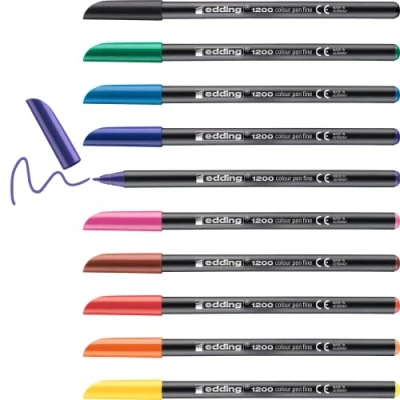 Image of edding 1200 colour pen fine set of 10 bright colours round nib 1 mm felt for drawing and writing brush pens drawing, writing, colouring, sketch pens, art