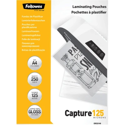 Image of Fellowes A4 Laminating Pouches, Gloss, 250 Micron (2 x 125 Micron) Pack of 250, standard