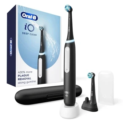 Image of Oral B iO Deep Clean Rechargeable Electric Powered Toothbrush, Black with Series 3 Limited, 2 Brush Heads and Travel Case Pressure Sensor to Protect Gums Cleaning Settings Minute Timer