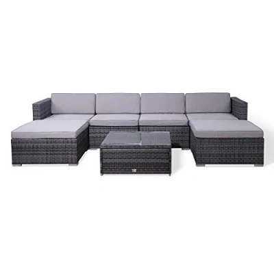 Image of EVRE Nevada Grey 6 Seater Outdoor Rattan Garden Furniture Set Wicker Weave Sofa Coffee Table Stool with Cushions For Patios Decks Conservatories Sectional Corner Conversation Piece