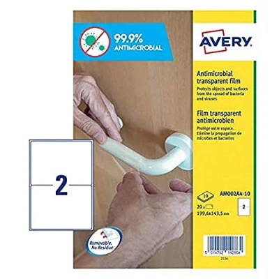 Image of Avery AM0P2A4 Antimicrobial Permanent Protection Film 199.6 x 143.5mm 2 Labels per Sheet