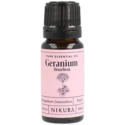 Image of Nikura Geranium Essential Oil 10ml (Bourbon) for Sleep, Diffusers Home, Candle Making, Bath, Anxiety, Skin 100% Pure Natural Oils Vegan &amp; UK Made