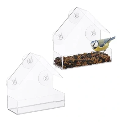 Image of Relaxdays Window Bird Feeder Set of 2, 3 Suction Cups, Feeding Station with Roof, HWD: 15 x 7 cm, Transparent
