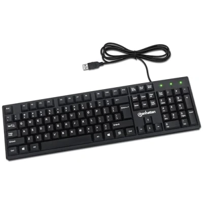 Image of Manhattan Keyboard UK USB Wired, Standard Qwerty layout, Black, Full Size Keys, Cable 1.5m, A connection, Plug and Play, Three Year Warranty, Retail Boxed