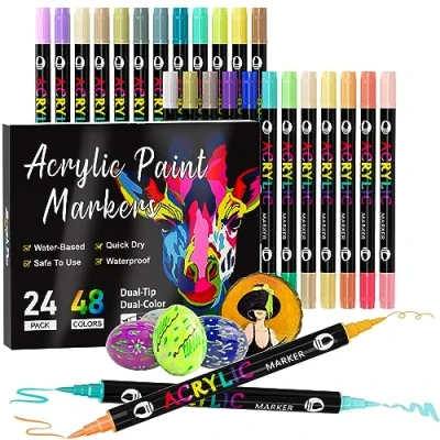 Image of TrendGate 48 Colours, Pack of 24 Acrylic Pens for Stones, Waterproof, Double Tips, Colour Pens, Painting, Wood, Canvas, Glass, Paper, Ceramic, Easter Eggs, Decoration