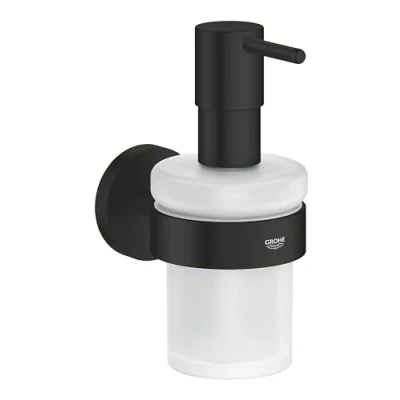 Image of GROHE Start QuickFix Soap Dispenser with Holder (Metal and Glass, Filling Quantity 160 ml, Concealed Fastening, Including Screws Dowels, Easy to Fit QuickGlue), Matt Black, 411952430