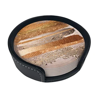 Image of Round Coasters, Copper Gold Strokes Glamour Texture,Mugs Pad Cups Mat Set of 6 Leather Drinks Coasters with Holder