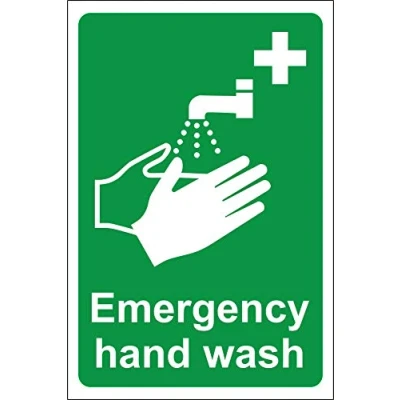Image of Emergency hand wash Safety sign Self adhesive sticker 150mm x 100mm