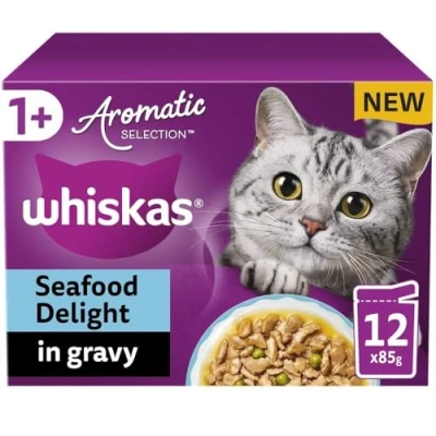 Image of WHISKAS Cat Pouches Aromatic Seafood in Gravy 12x85g Delicious Wet Food with Flavor
