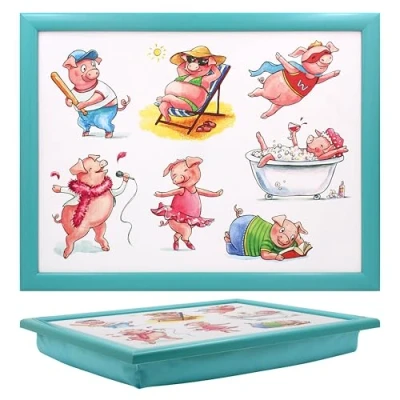 Image of Lesser &amp; Pavey Comic Farmyard Fun Illustrations Cushioned Blue Laptray Suitable for Eating, Laptop, Home Desk Lapdesk and More Chicken, Duck, Pig, Cow, Horse, Highland Cow (Pigs)