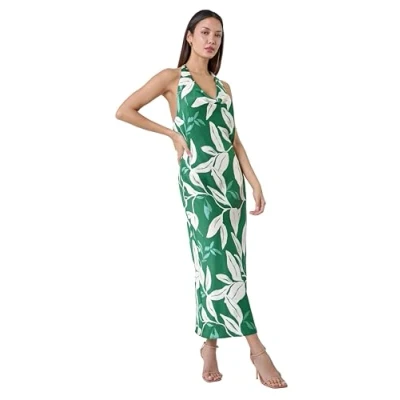 Image of Roman Womens Floral Print Satin Bias Cut Bodycon Dress Green Size 20 UK