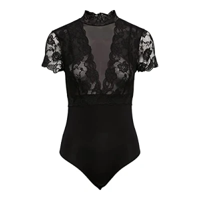 Image of PIECES Women&#039;s PCSICCA SS HIGH Neck Bodystocking Bodysuit, Black, M