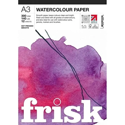 Image of Frisk Watercolour Paper Pad 300gsm Hot Pressed/Smooth 12sheets A3, White