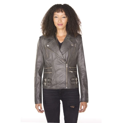 Image of Ladies Retro Grey 100% Nappa Leather Biker Jacket 4XL