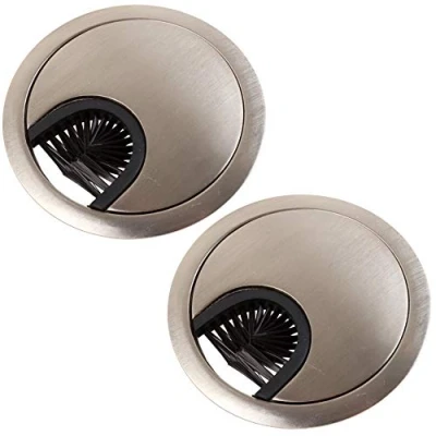 Image of 2X Brushed Nickel Desk Grommets (60mm) with Brush Computer Table Surface Cable Tidy Management
