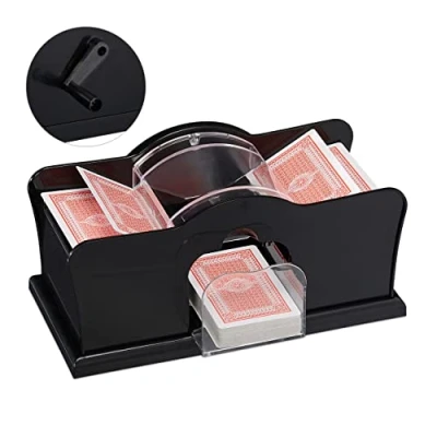 Image of Relaxdays Card shuffling machine, 2 decks, with crank, manual device for playing cards the size 9 x 6.5 cm, plastic, black