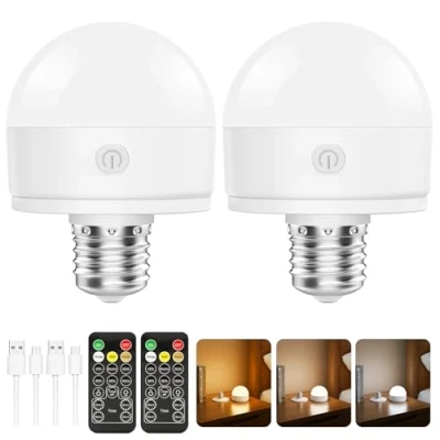 Image of Suright 2 Pack Rechargeable Light Bulb with Remote Control, 3 Color Temperatures, Dimmable E27 Detachable LED Timer, Battery Powered for Non Hardwired Lamps, Home Decoration