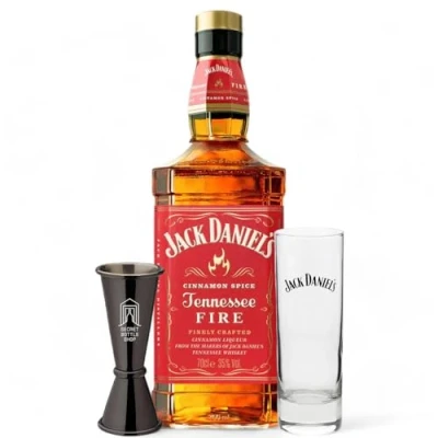 Image of Jack Daniels Fire Whiskey Glass &amp; Jigger Gift Set 70cl