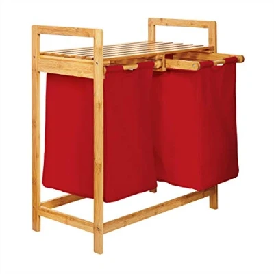 Image of Lumaland Bamboo laundry Basket with 2 extendable bags Size approx. 73 cm height x 64 width 33 depth, Colour: Red