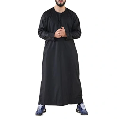 Image of Mens Thobe Jubba Islamic Clothing Muslim Kaftan Emirati Omani Robe Arab Tassel Black L 56