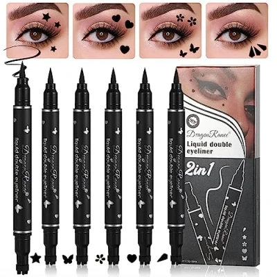Image of Sitovely 5 Pcs Double headed Liquid Eyeliner Stamp Pen Set, Waterproof Long Lasting Black Pencil, Smudgeproof Lazy Eye Liners Stencils Tattoo Makeup Triangle/Heart/Star/Flower/Butterfly