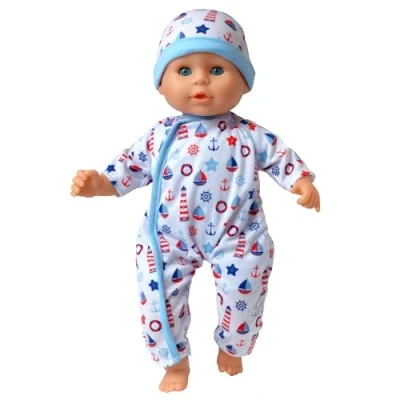 Image of DOLLSWORLD from Peterkin Little Treasure doll 78322 38cm (15&quot;) baby with bean filled bum, sleeping eyes, deluxe romper, hat, bottle and dummy Dolls &amp; Accessories Ages 18m+