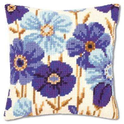 Image of Vervaco Blue Flowers Cross Stitch Cushion, Multi Colour