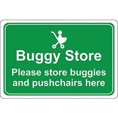 Image of Buggy store Please buggies and pushchairs here safety sign Self adhesive sticker 400mm x 300mm