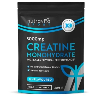 Image of Creatine Monohydrate Powder 5000mg Micronised For Easy Mixing Recovery and Performance Men Women Exercise Supplement 50 Servings Unflavoured 250g Made in The UK by Nutravita